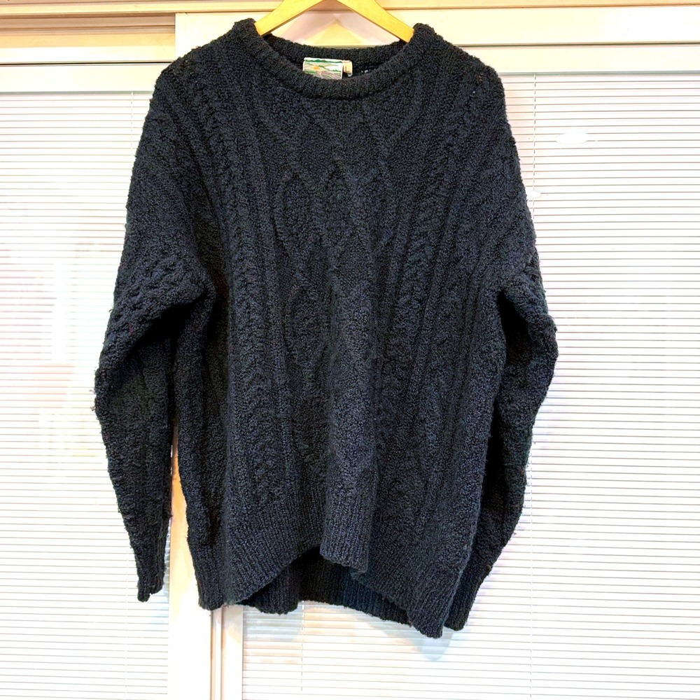 Gaeltarra Mens Wool Cable Knit Sweater Made in Ireland Dark Teal Navy Blue L
